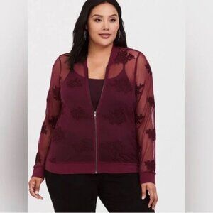 Torrid Mesh Bomber Jacket Red Burgundy Zip-Up Sheer Embroidered Floral